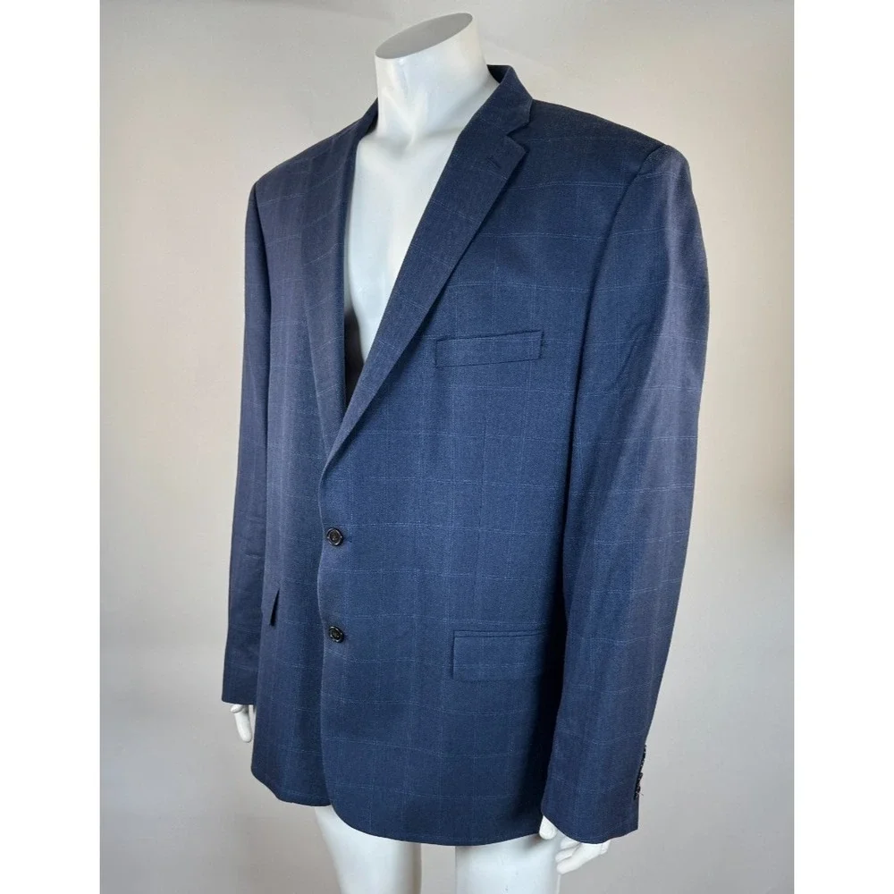 Ralph‎ Lauren Silk Wool Blazer Mens 52L Plaid Lined 2-Button Double-Vented Blue